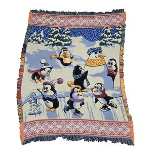 Vintage Goodwin Weavers Blanket North Pole Penguins Fish Ice Throw Cotton USA